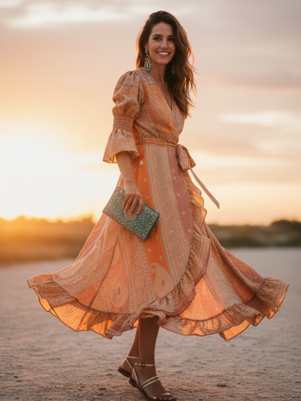 Stunning burnt yellow, orange turquoise gold & purple patterned 100% silk maxi